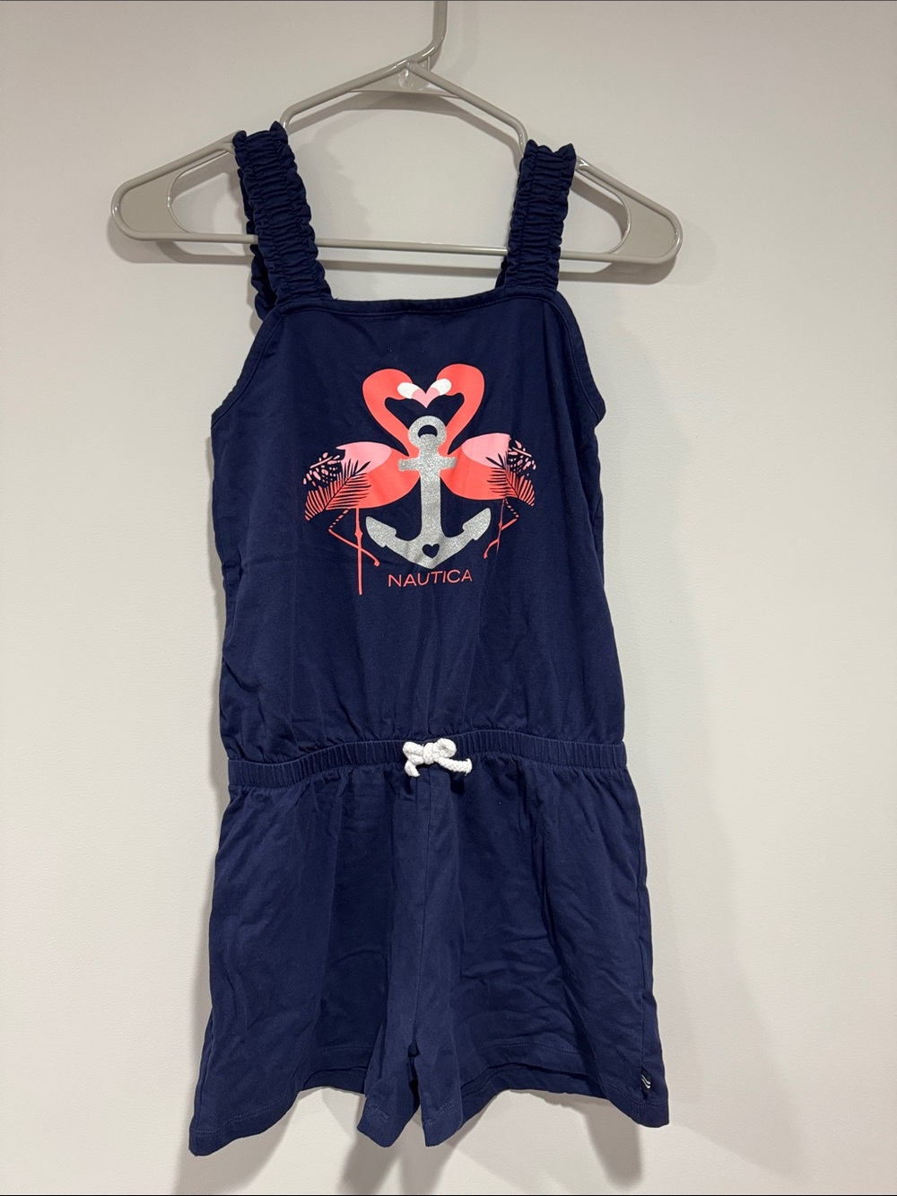 Nautica Navy Romper with Coral Flamingo & Silver Anchor Girls Size 12/14